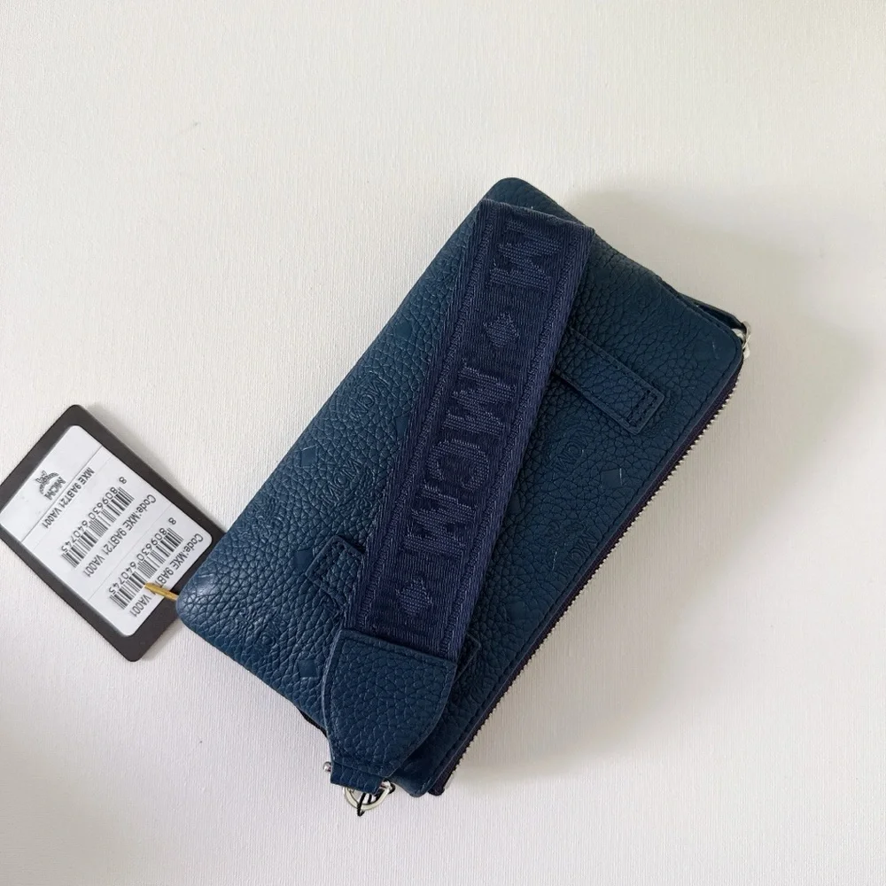 MCM Navy Blue Leather Wristlet with Logo Webbing Strap - Picture 4 of 7